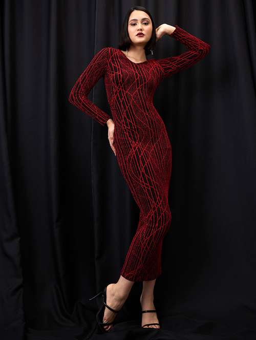 globus women red self design v-neck long sleeves embellished bodycon maxi party dress - 21955865 - Very Small Image - 1