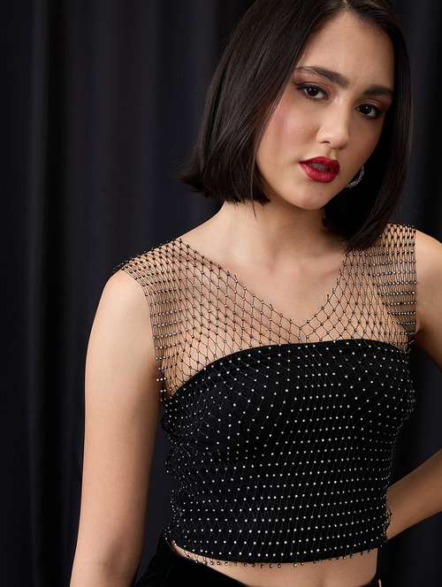 globus women black rhinestone embellished v-neck sheer party crop top - 21955902 - Very Small Image - 1