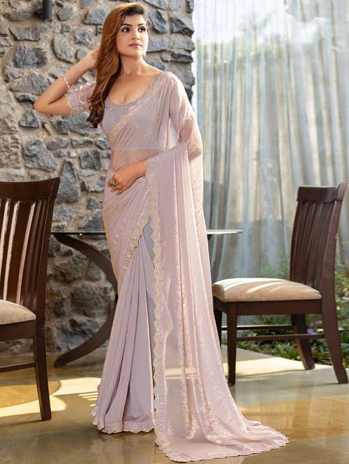 women solid with embellished bordered saree with blouse - 21962562 - Very Small Image - 1