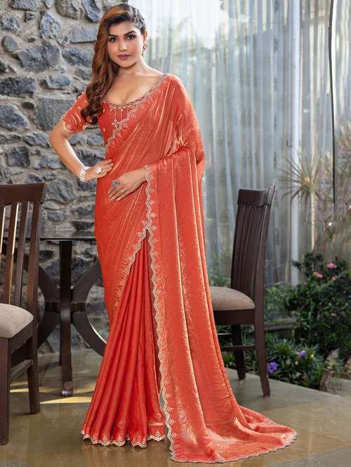 women solid with embellished bordered saree with blouse - 21962567 - Very Small Image - 1
