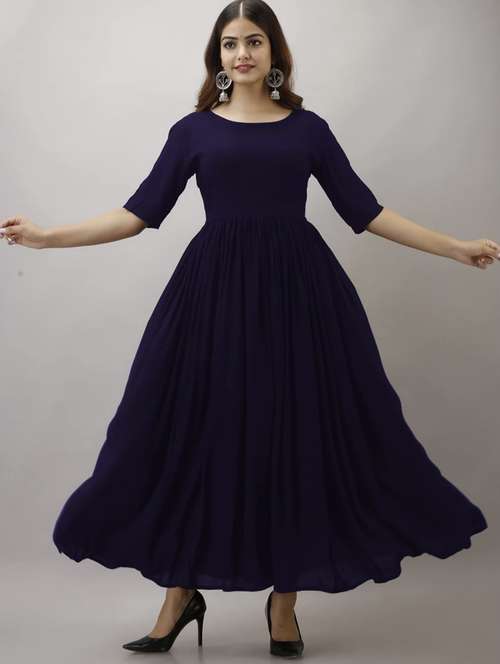 women navy blue solid elbow sleeve anarkali ethnic dress - 21966824 - Very Small Image - 1