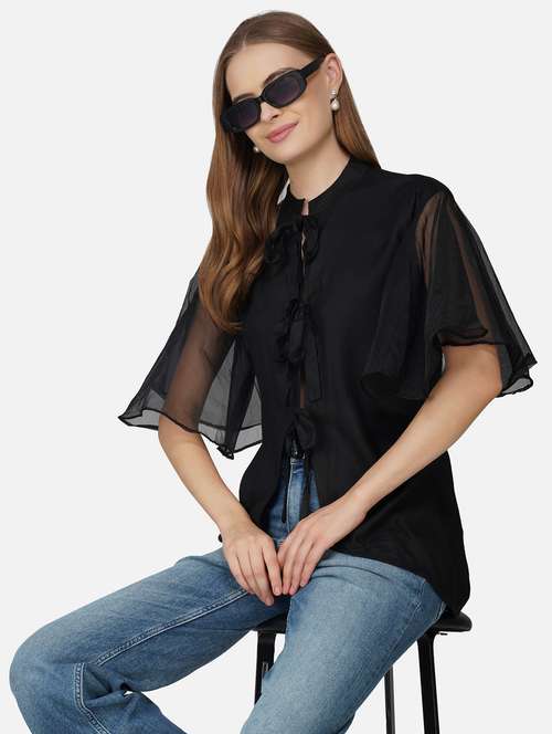 women solid flared sleeve tie ip high low top - 21966833 - Very Small Image - 1