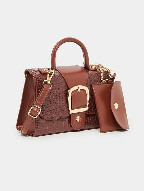 women textured brown pu structured handbag - 21971473 - Very Small Image - 1