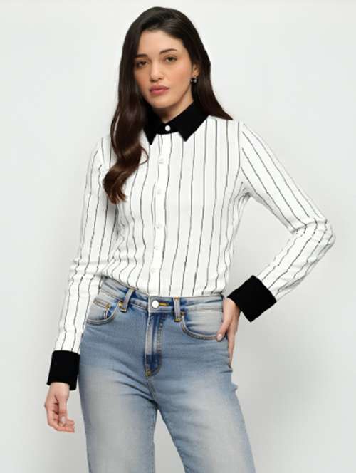women striped collared long sleeve regular shirt - 21972210 - Very Small Image - 1