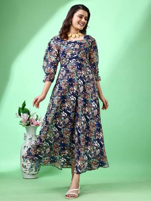 women floral print puff sleeve fit & flare dress - 21972244 - Very Small Image - 1