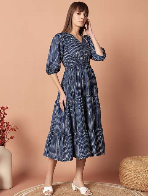 women printed puff sleeve tiered midi dress - 21972905 - Very Small Image - 1