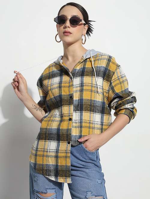 women checkered long sleeve hooded shirt - 21979933 - Very Small Image - 1
