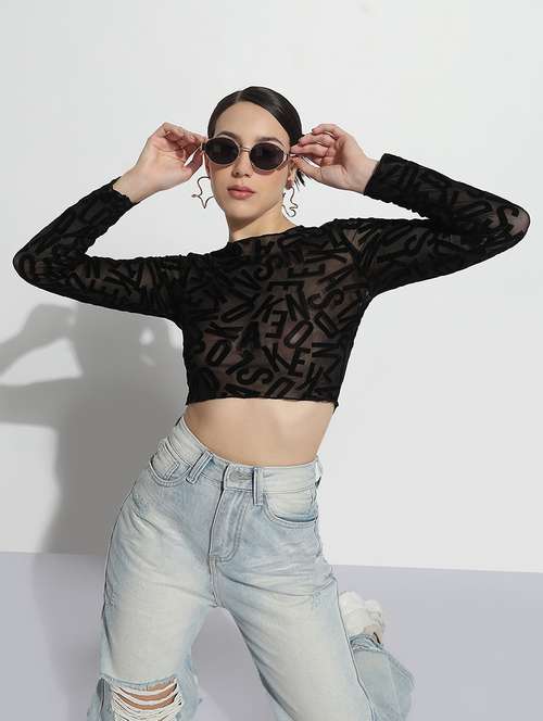 women self designed long sleeve crop sheer top - 21979981 - Very Small Image - 1