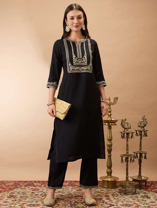 women black round neck zari embroidered yoke straight kurta with pant festive set - 21980135 - Very Small Image - 1