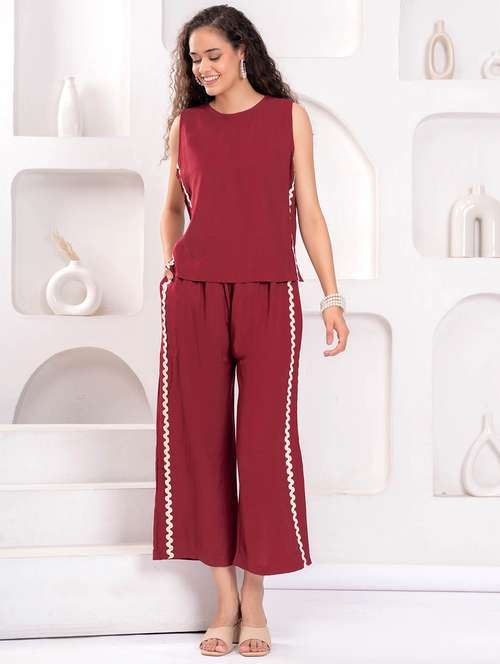 women solid sleeveless top and trouser co-ord set - 21981601 - Very Small Image - 1