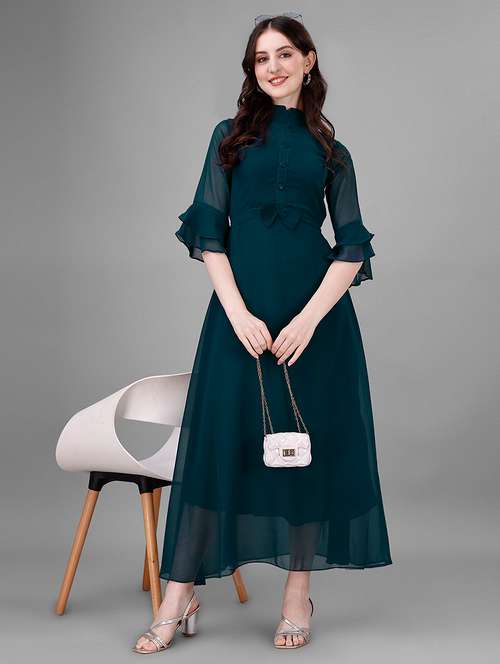 women solid mandarin neck fit & flare maxi dress - 21981985 - Very Small Image - 1