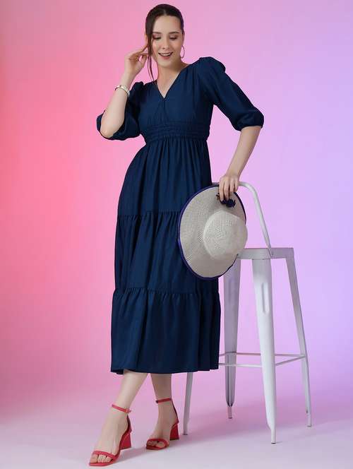 women solid puff sleeve tiered dress - 21982074 - Very Small Image - 1