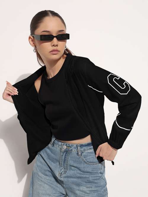 women black printed long sleeve hooded jacket - 21982999 - Very Small Image - 1