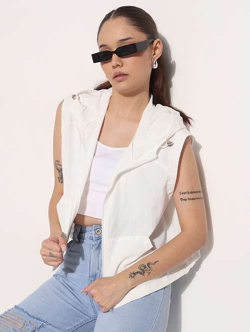 women white solid sleeveless hooded jacket - 21983002 - Very Small Image - 1