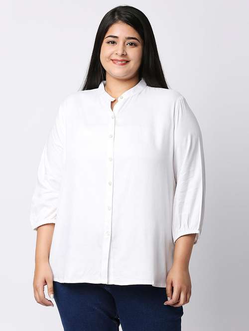women plus size white solid mandarin collar shirt - 21983455 - Very Small Image - 1