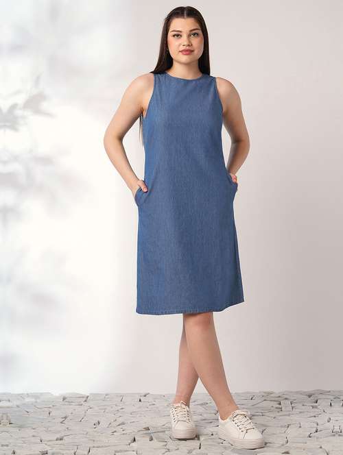 women solid sleeveless denim a-line dress - 21993340 - Very Small Image - 1