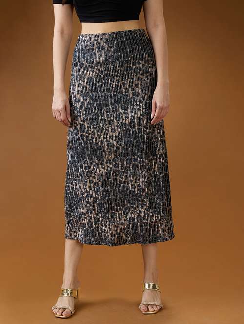 globus women black lurex pleated leopard print shimmer detailing mid-rise a-line midi skirt - 21994536 - Very Small Image - 1