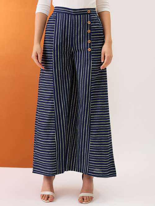 globus women indigo variegated stripes button detail mid-rise flared fusion palazzos - 21997980 - Very Small Image - 1