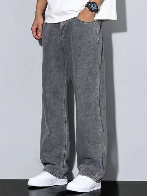 men grey plain mid rise baggy jeans - 22012911 - Very Small Image - 1