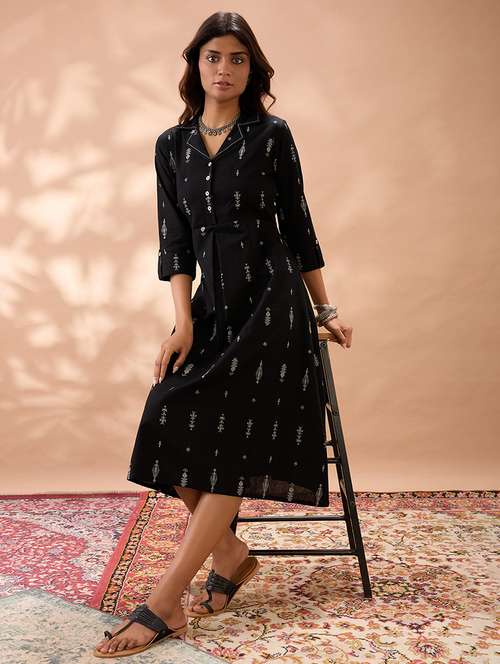 globus women black notched lapel roll up sleeves ethnic print a-line midi dress - 22013411 - Very Small Image - 1