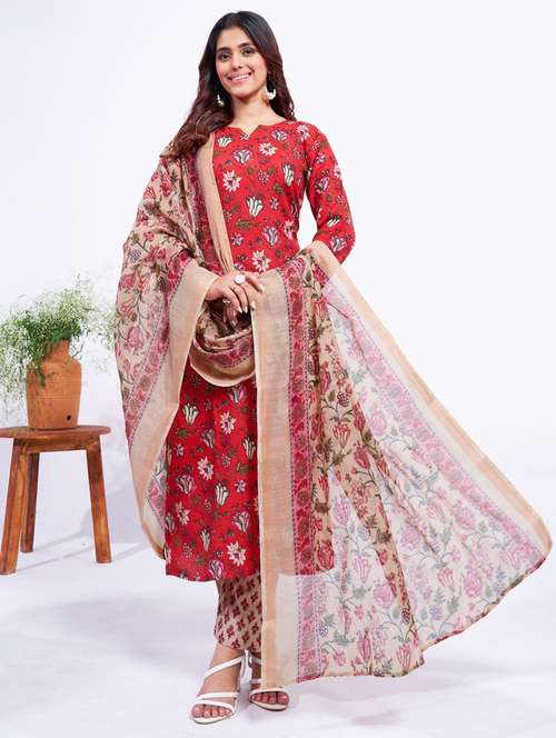 women printed three quarter sleeve kurta pant with dupatta set - 22014233 - Very Small Image - 1