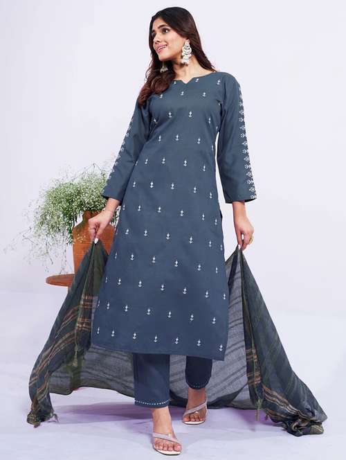 women embroidered three quarter sleeve kurta pant with dupatta set - 22014241 - Very Small Image - 1