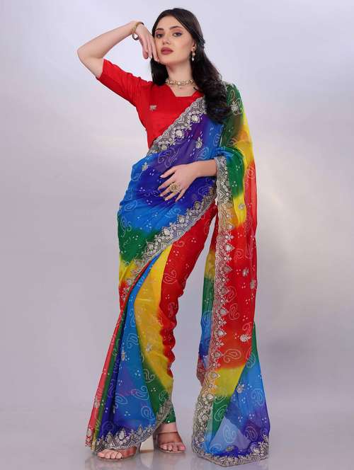 women bandhani printed saree with blouse - 22021298 - Very Small Image - 1