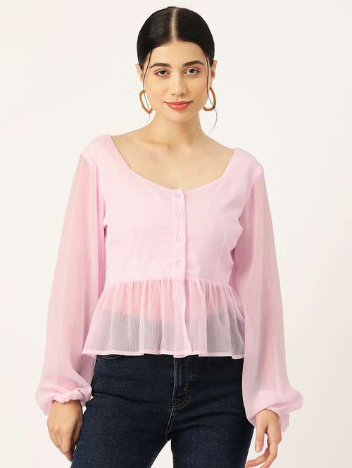 women pink solid puff sleeve peplum top - 22028418 - Very Small Image - 1