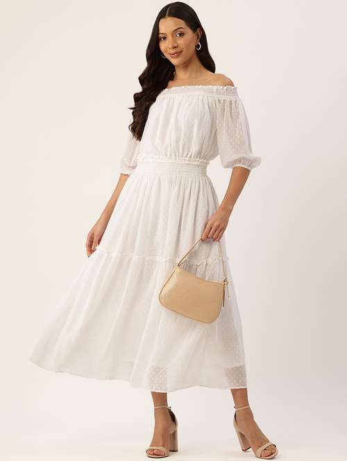 women white solid off shoulder tiered dress - 22028817 - Very Small Image - 1