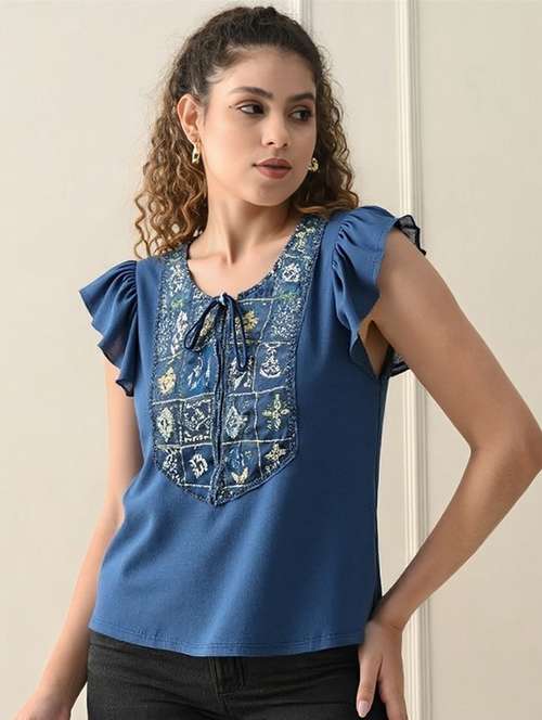 women solid with work tie up neck top - 22030711 - Very Small Image - 1