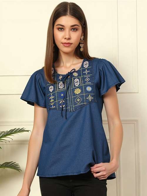 women solid with work tie up neck top - 22030714 - Very Small Image - 1