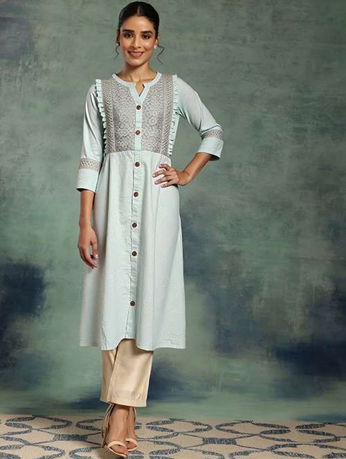 women solid three quarter sleeve straight kurta - 22035229 - Very Small Image - 1