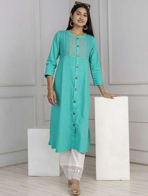 women solid three quarter sleeve straight kurta - 22035236 - Very Small Image - 1
