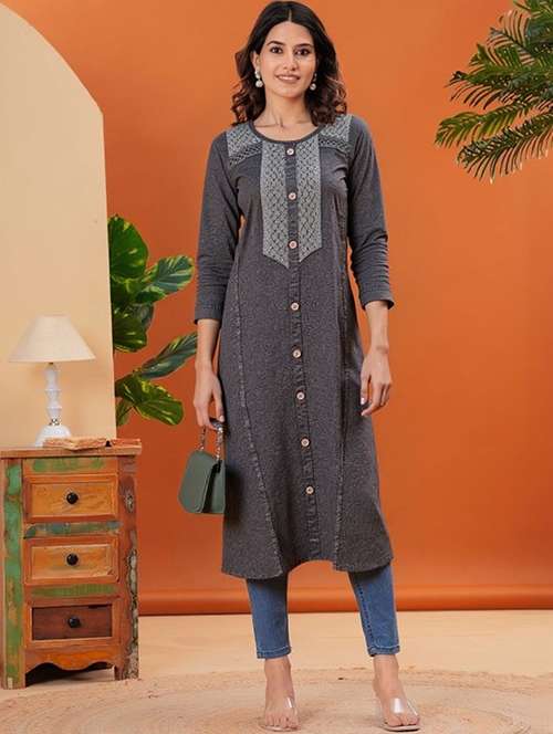 women solid three quarter sleeve straight kurta - 22035275 - Very Small Image - 1