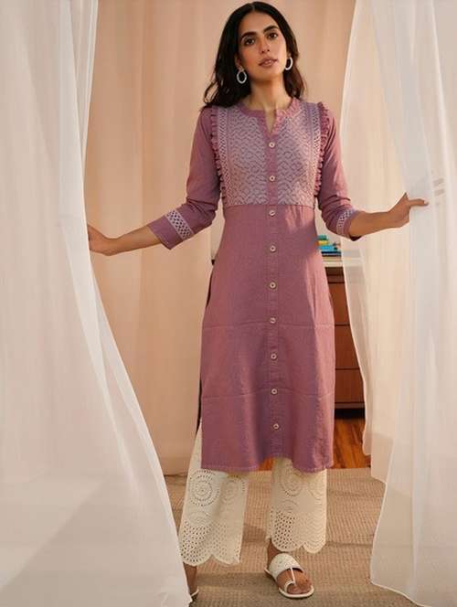 women solid three quarter sleeve straight kurta - 22035286 - Very Small Image - 1