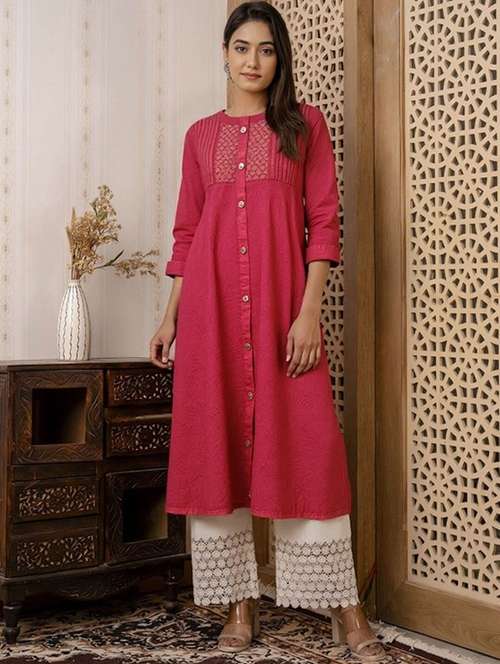 women solid three quarter sleeve a-line kurta - 22035287 - Very Small Image - 1