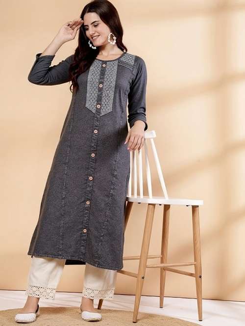 women solid three quarter sleeve straight kurta - 22035291 - Very Small Image - 1