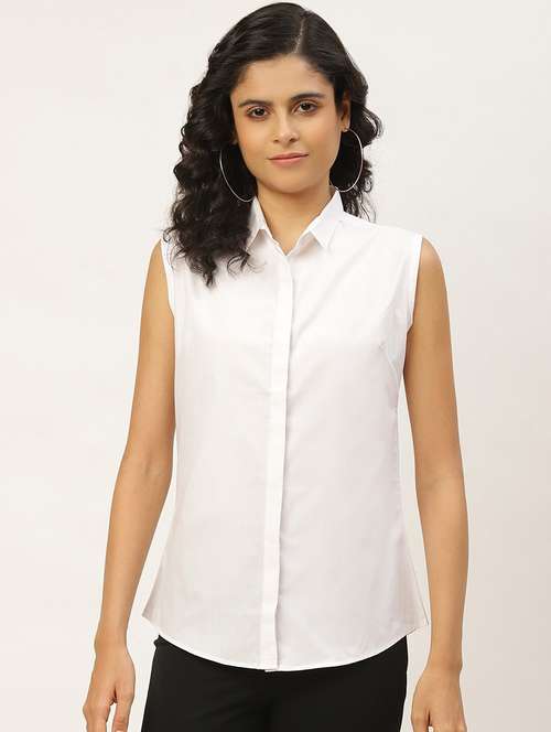 Women Solid Collared Sleeveless Shirt - 22038526 - Very Small Image - 1
