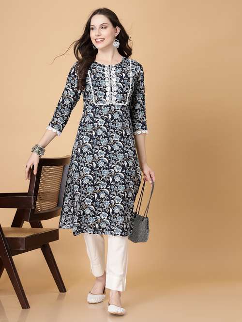 women printed three quarter sleeve straight kurti - 22040901 - Very Small Image - 1