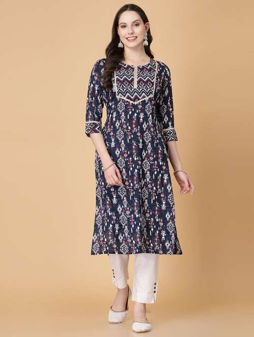 women printed three quarter sleeve straight kurti - 22040905 - Very Small Image - 1