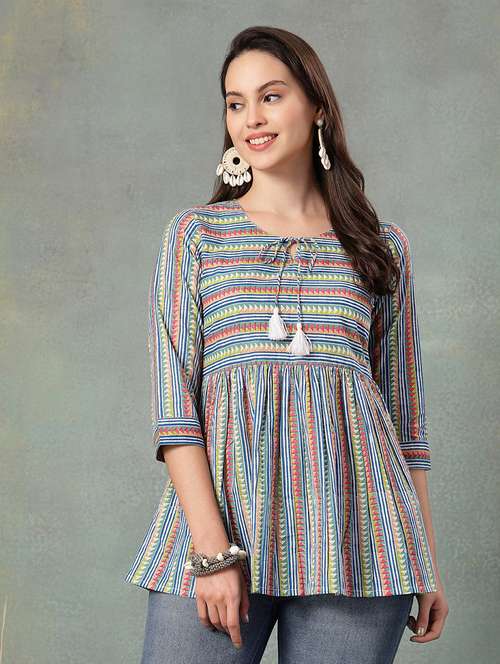 women printed three quarter sleeve a-line kurti - 22041009 - Very Small Image - 1