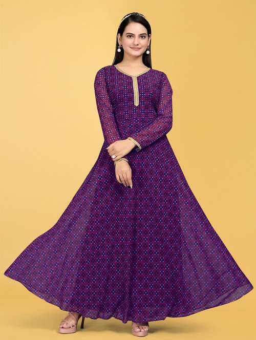 women printed long sleeve fit & flare gown  - 22041416 - Very Small Image - 1