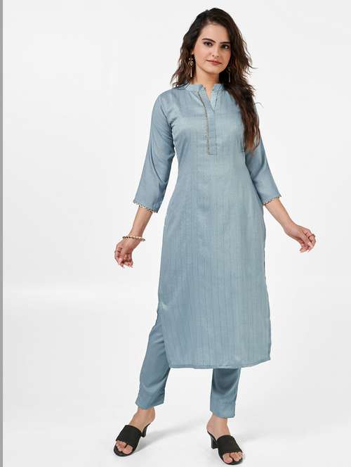 women solid three quarter sleeve kurta and pant set - 22042226 - Very Small Image - 1