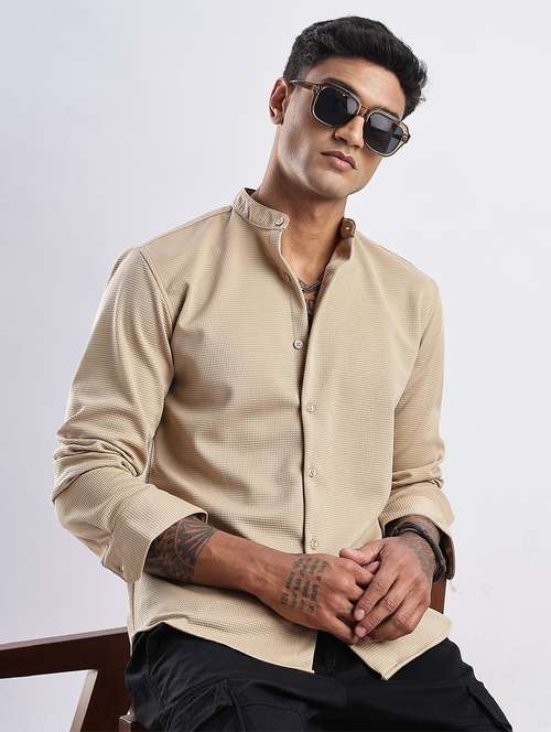 men solid mandarin collar long sleeve regular fit shirt - 22052147 - Very Small Image - 1