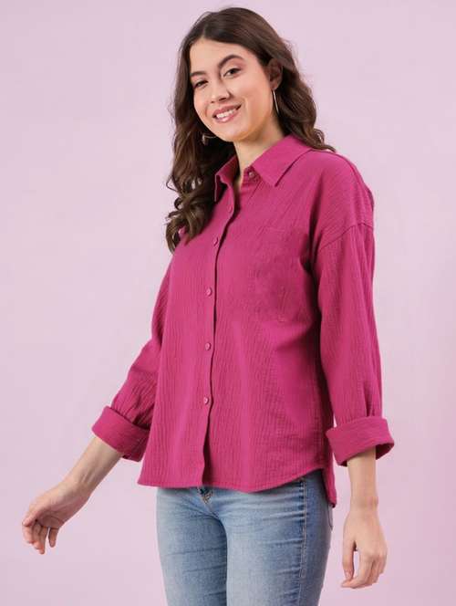women solid collared long sleeve relaxed fit shirt - 22055166 - Very Small Image - 1