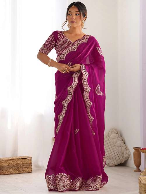 women solid with work embroidered saree with blouse - 22066129 - Very Small Image - 1