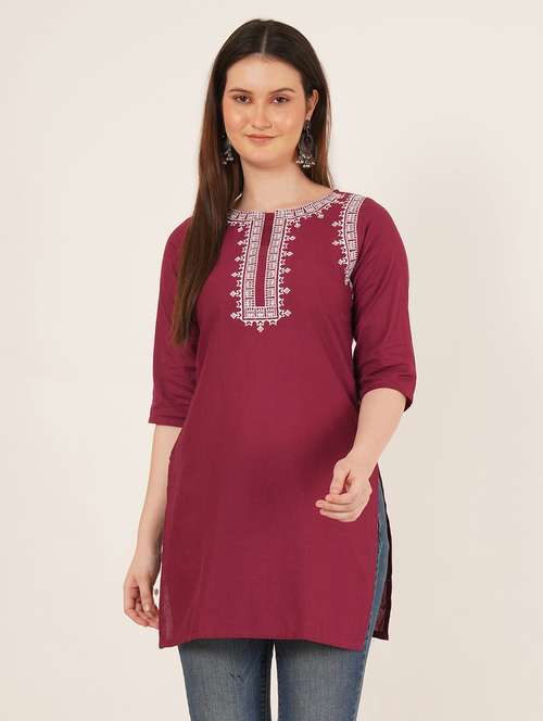 women embroidered three quarter sleeve straight kurti - 22072541 - Very Small Image - 1