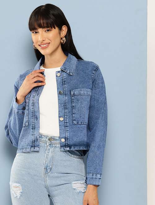 women long sleeve collared denim jacket - 22072838 - Very Small Image - 1