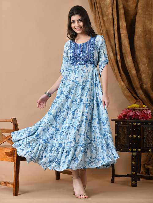 women floral printed three quarter sleeve ethnic dress - 22079751 - Very Small Image - 1