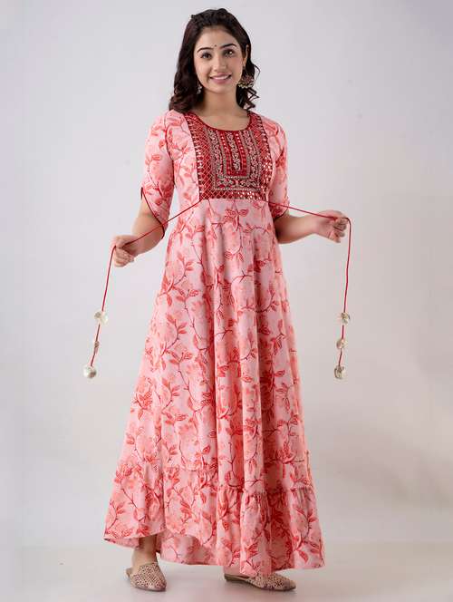 women floral printed short sleeve tiered ethnic dress - 22079788 - Very Small Image - 1